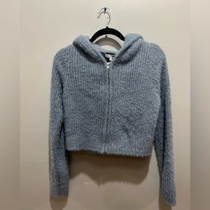 Fleece teddy bear cropped blue zip up hoodie sweatshirt